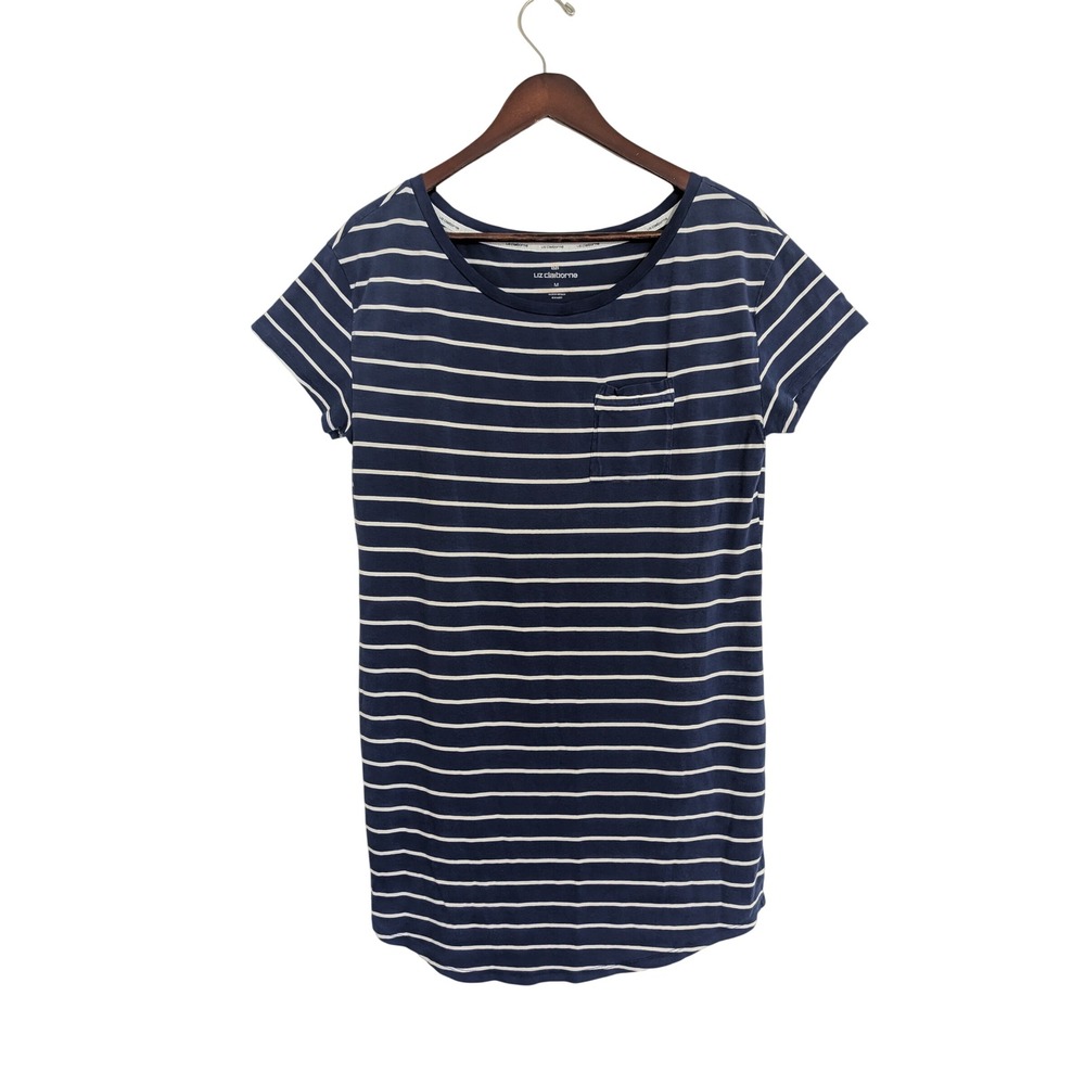 Liz Claiborne Womens M Navy Blue White Striped Pocket T-Shirt Dress Size
